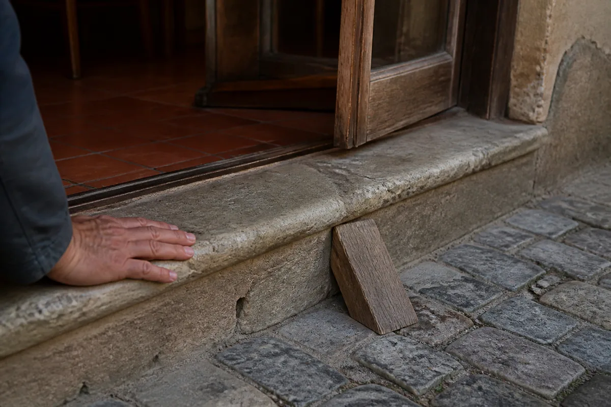 Seuil de pierre d’un café ancien mesuré au mètre ruban, porte vitrée ouverte