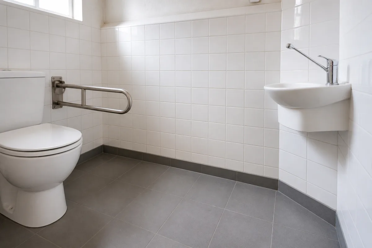 Petit cabinet de toilette carrelé de blanc avec barre d’appui métallique et lave-mains d’angle