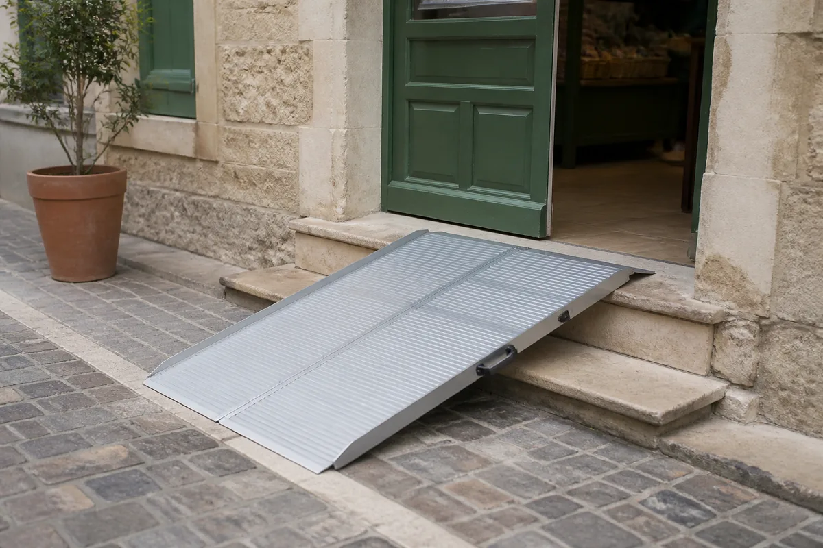 Rampe d’accès amovible en aluminium posée sur les deux marches d’entrée d’un café