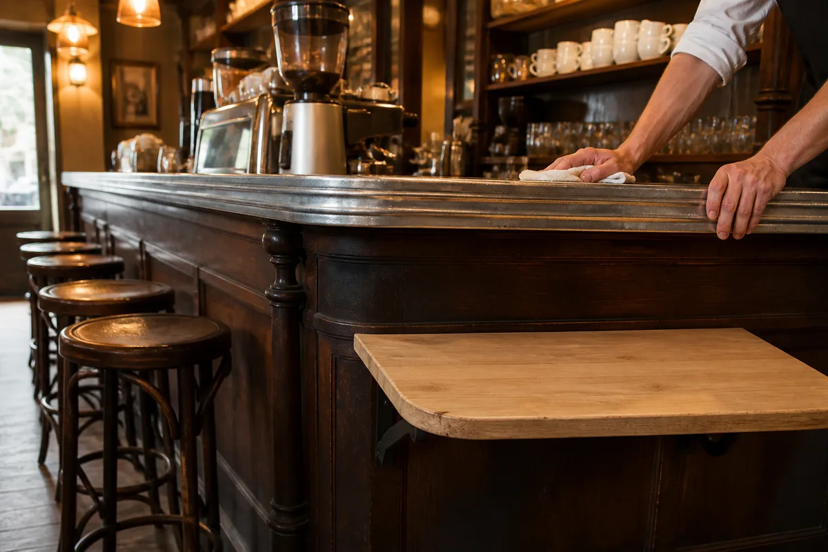 Comptoir en bois d’un café avec tablette basse en bout de zinc et tabourets