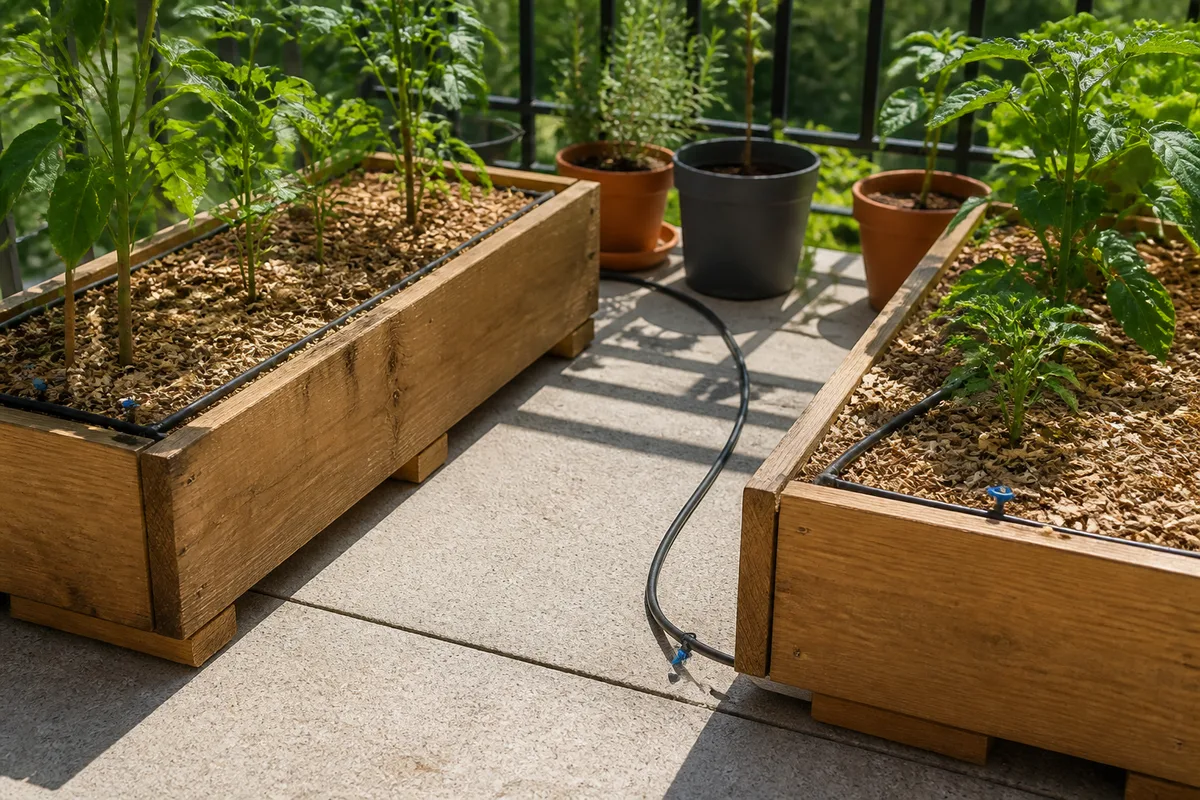 Bacs en bois posés sur cales avec paillage en surface et tuyau de goutte-à-goutte sur un balcon urbain