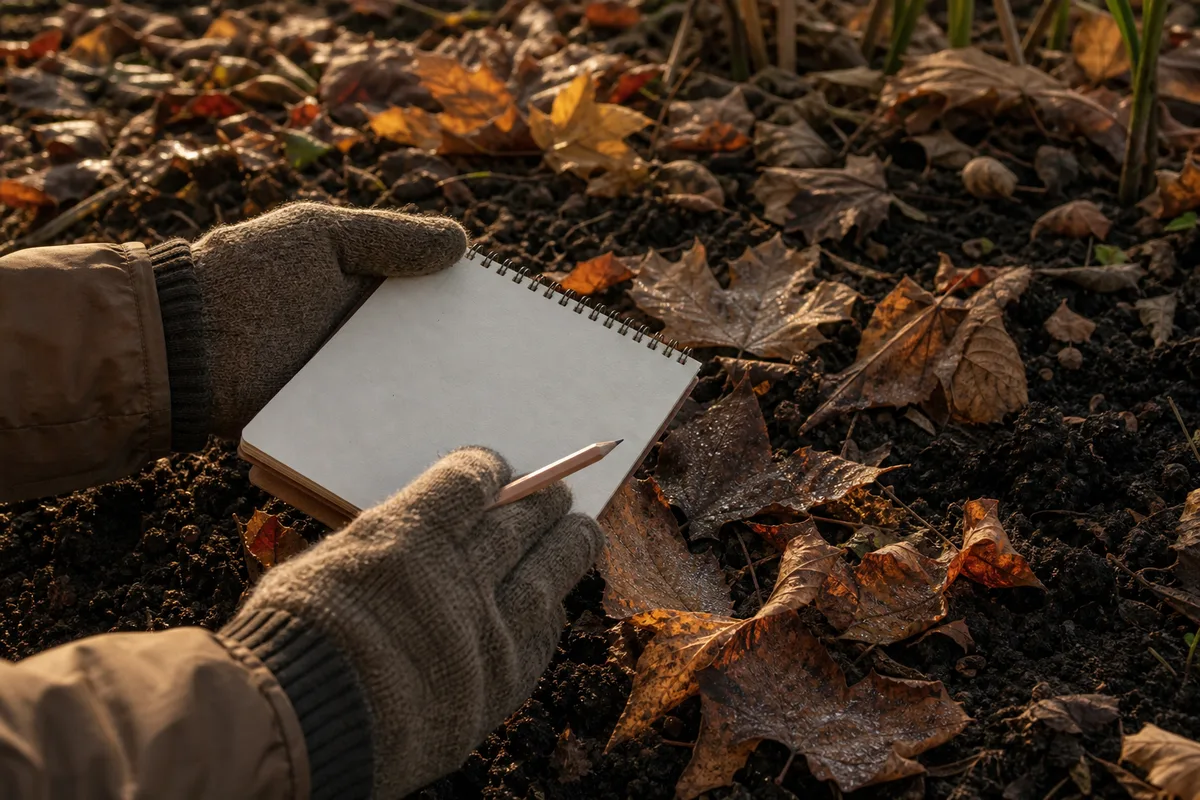 Jardinier observant un carré de potager couvert de feuilles mortes en automne dans le Rhône