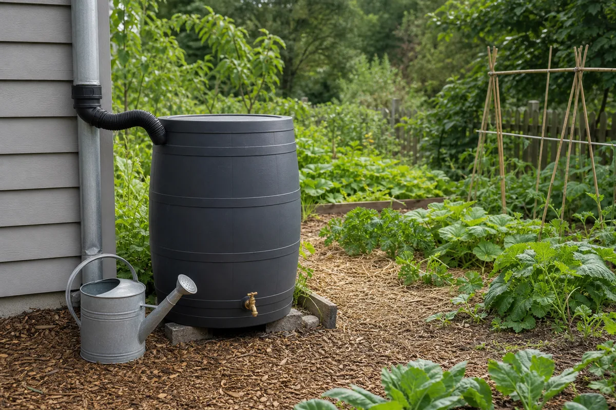 Récupérateur d’eau de pluie relié à une gouttière au bord d’un potager paillé
