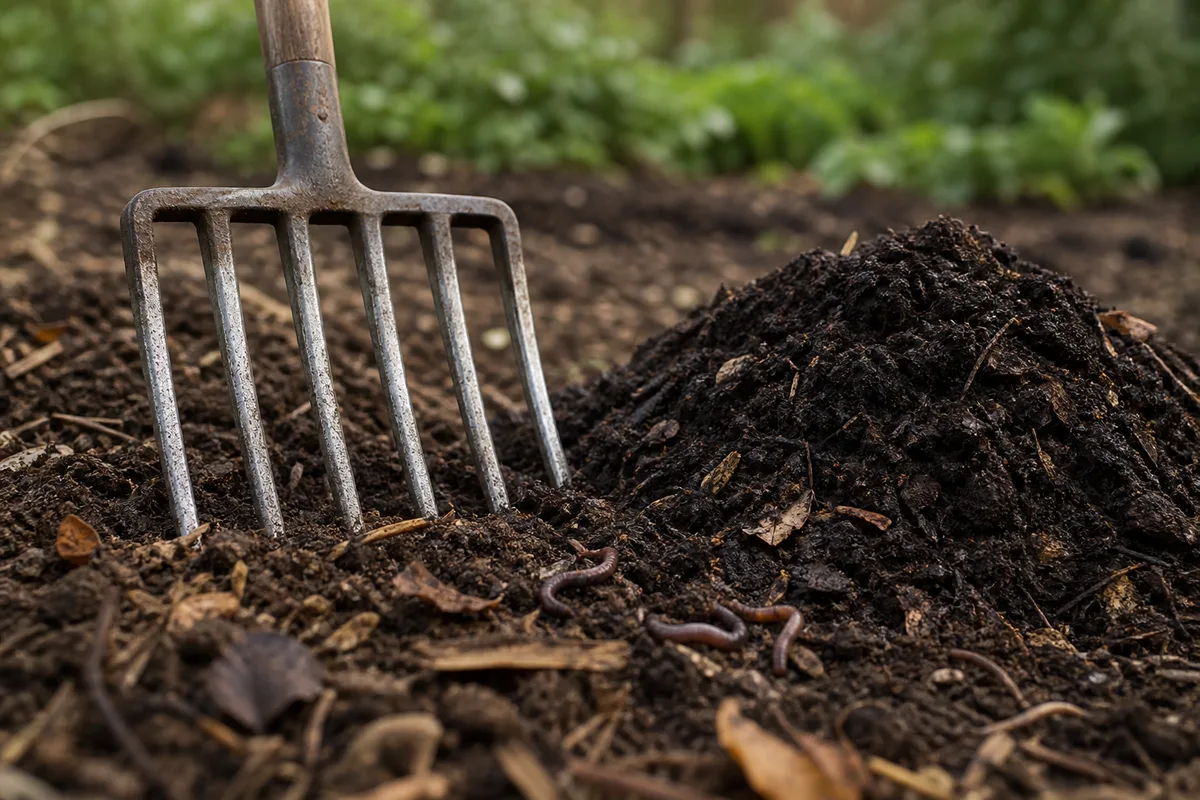 Grelinette plantée dans une terre paillée, à côté d’un tas de compost au jardin