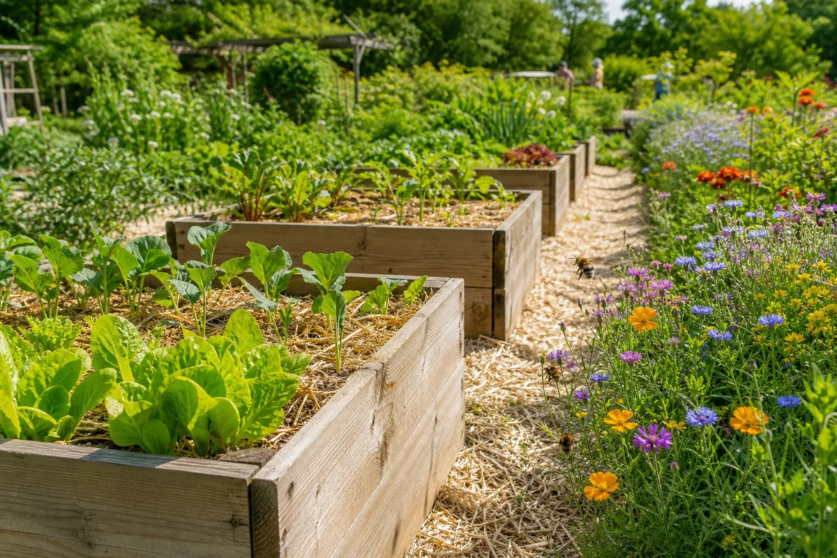 Rangée de bacs potagers paillés au printemps, avec fleurs mellifères en bordure