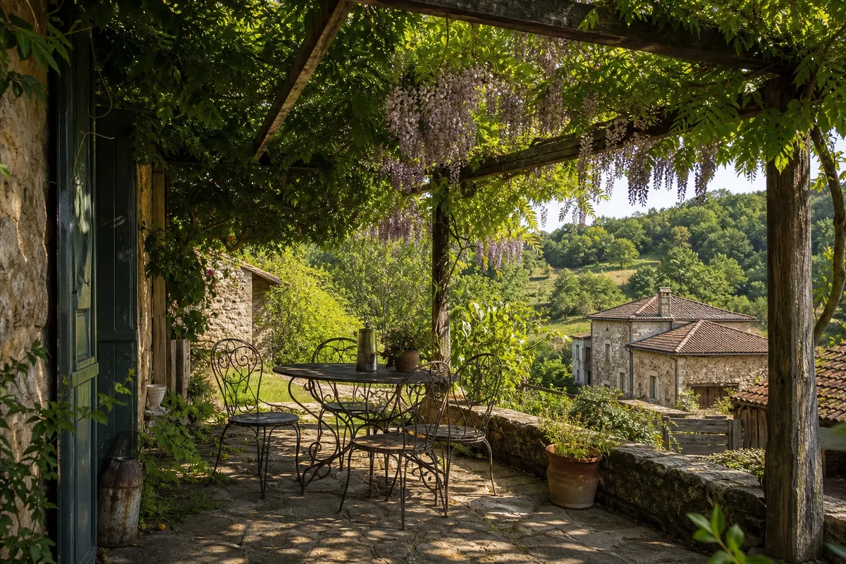 Terrasse de maison ancienne ombragée par une glycine palissée sur une structure en bois