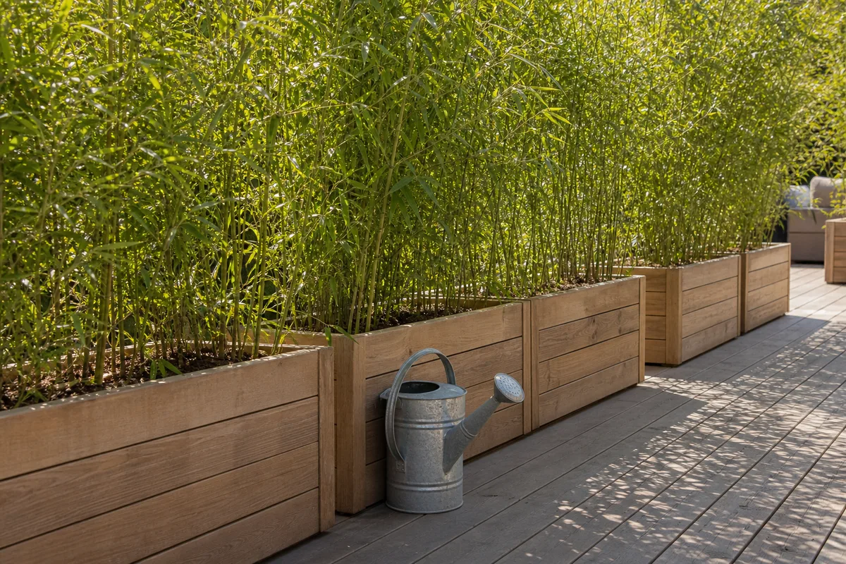Grands bacs de bambous alignés en écran végétal le long d’une terrasse en bois exposée au soleil