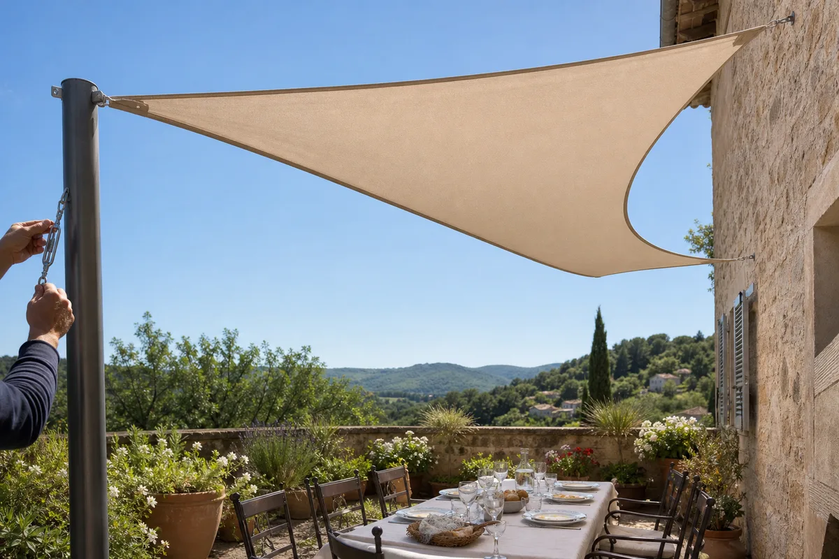 Voile d’ombrage triangulaire beige tendu au-dessus d’une table de jardin dressée pour le déjeuner