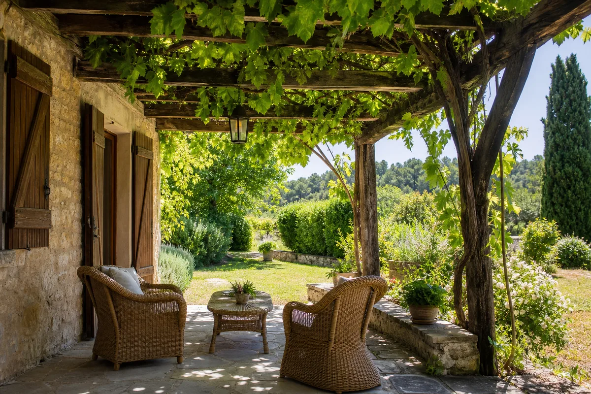 Pergola en bois adossée à une façade en pierre, couverte de vigne, avec fauteuils à l’ombre