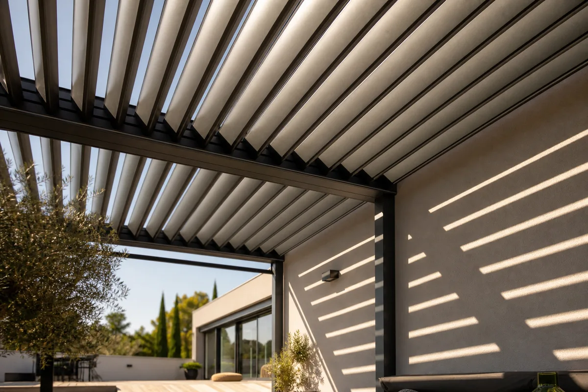 Détail de lames orientables en aluminium entrouvertes laissant filtrer des rais de lumière sur une terrasse