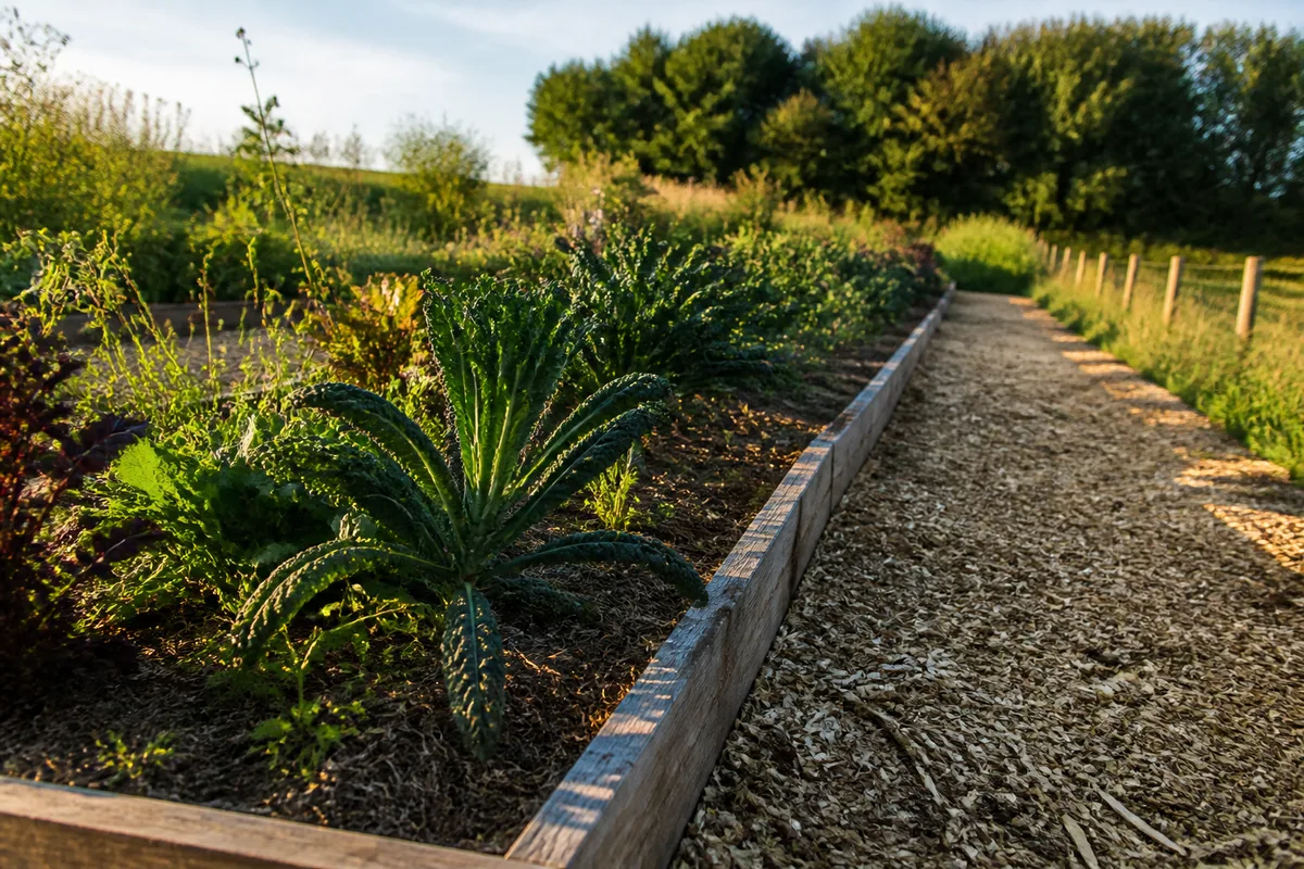 Planche permanente bordée de bois brut, allée de broyat, sur un terrain en pente douce