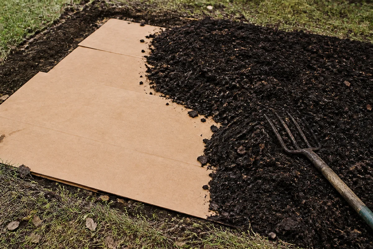 Carton brun uni recouvert d’une couche de compost sur une parcelle de potager en préparation