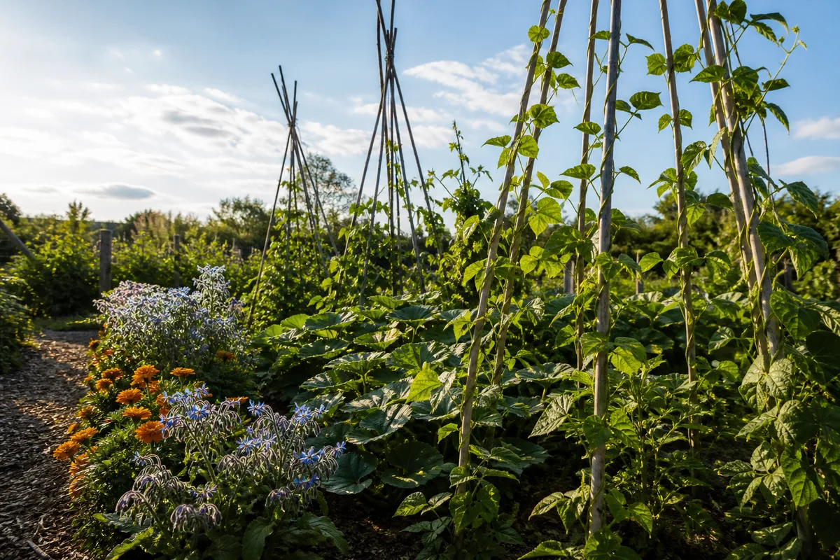 Haricots grimpants sur perches de noisetier au-dessus de courges et de bandes fleuries