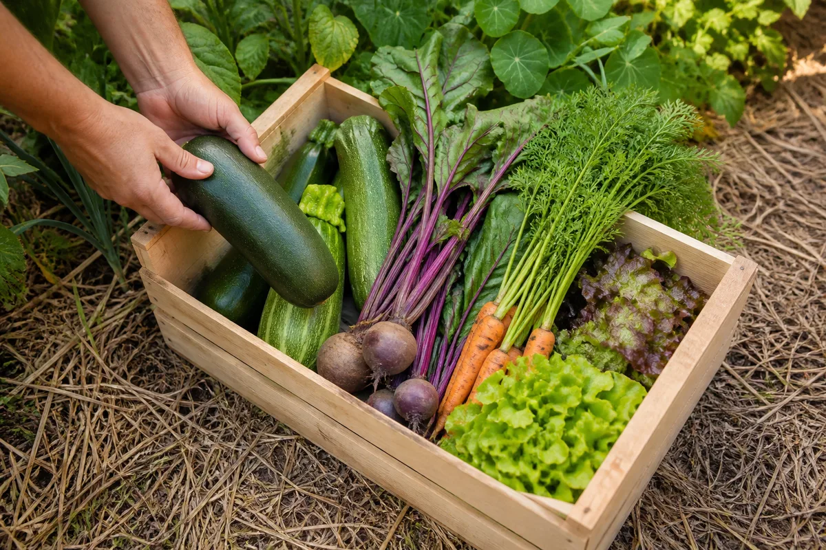 Récolte variée de légumes déposée dans une cagette en bois clair au bord d’une planche paillée