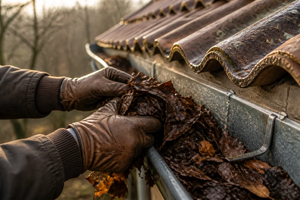 Mains gantées dégageant les feuilles mortes d’une gouttière en zinc le long d’un toit de tuiles, lumière rasante de fin d’automne