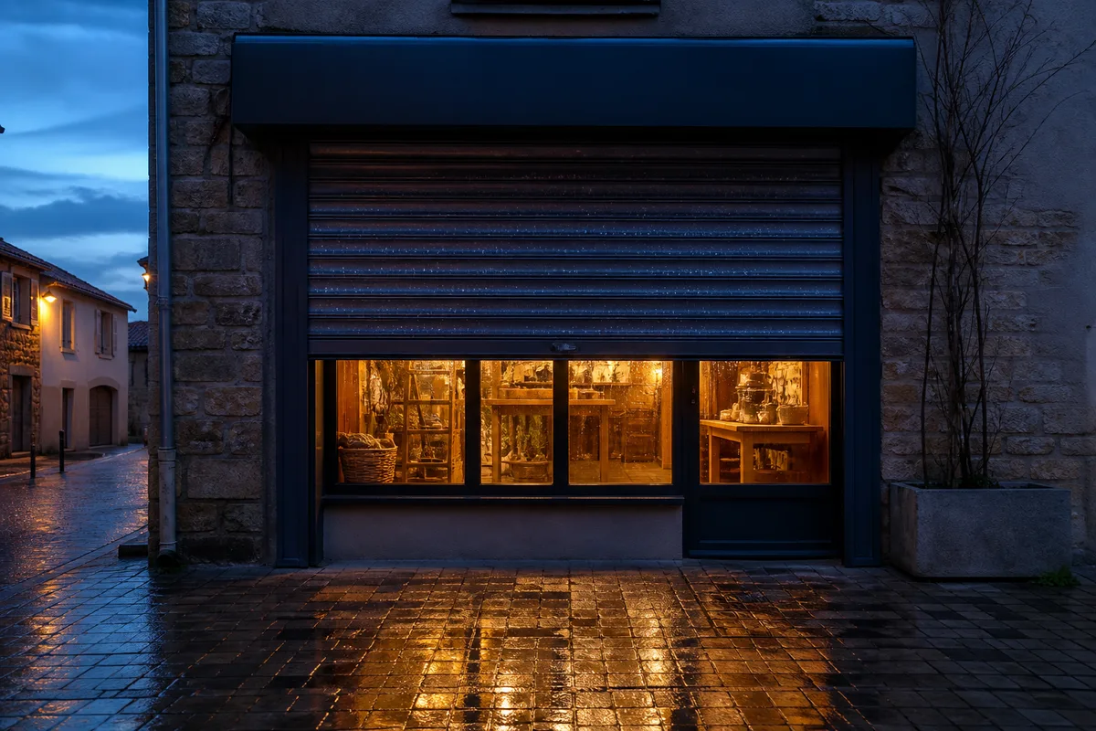 Rideau métallique à demi baissé sur la vitrine éclairée d’un commerce de village, pavés mouillés et lumière de fin de journée