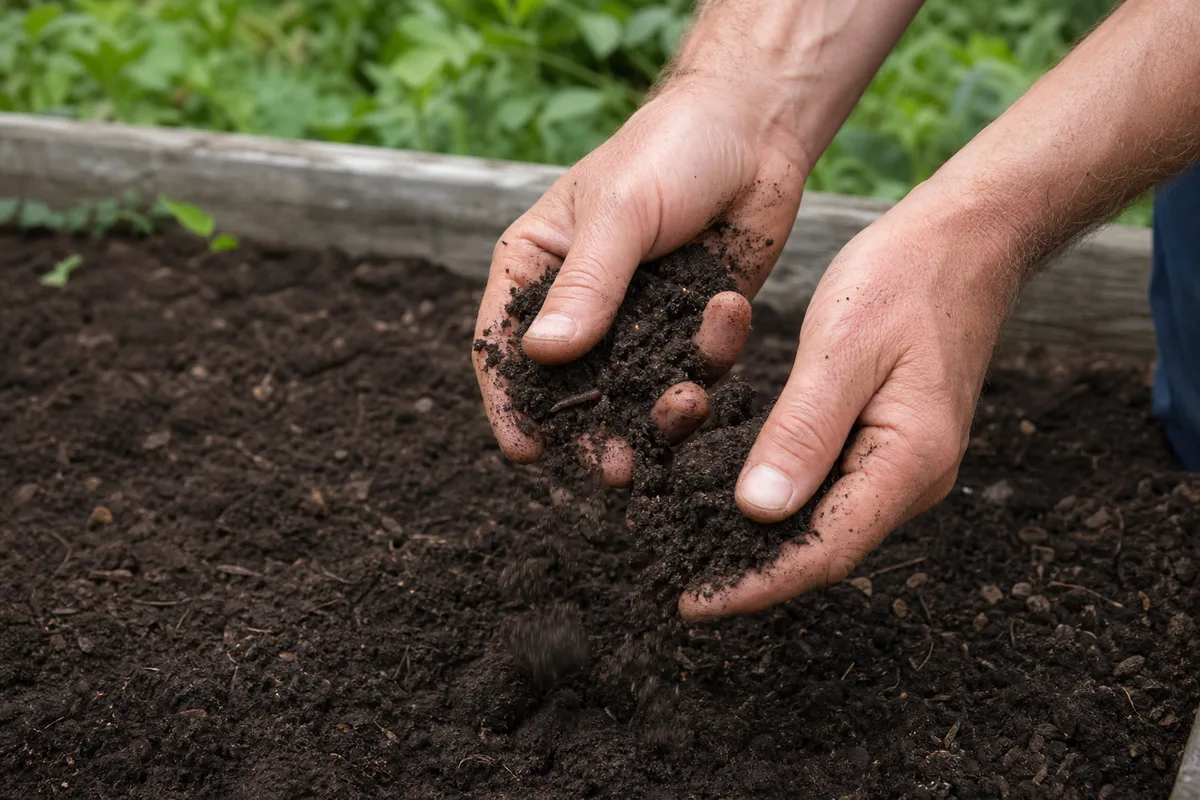 Terre de potager émiettée à la main au-dessus d’une planche fraîchement libérée
