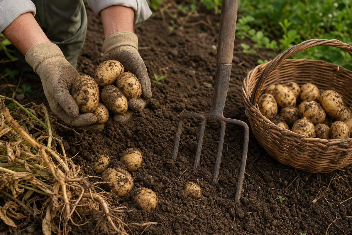 Mains gantées récoltant des pommes de terre dans une terre ameublie