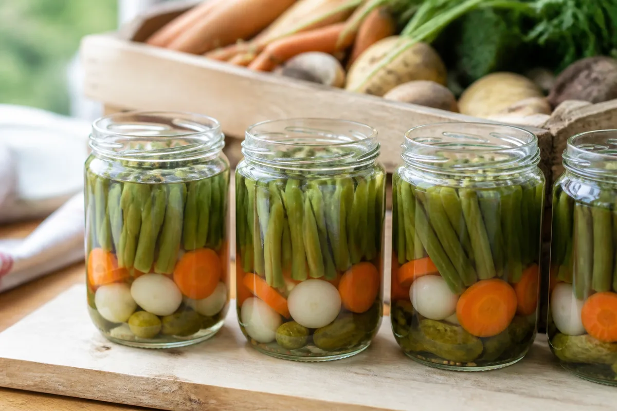 Bocaux en verre alignés sur une table de cuisine en bois, remplis de légumes du potager, lumière douce de fin d’été
