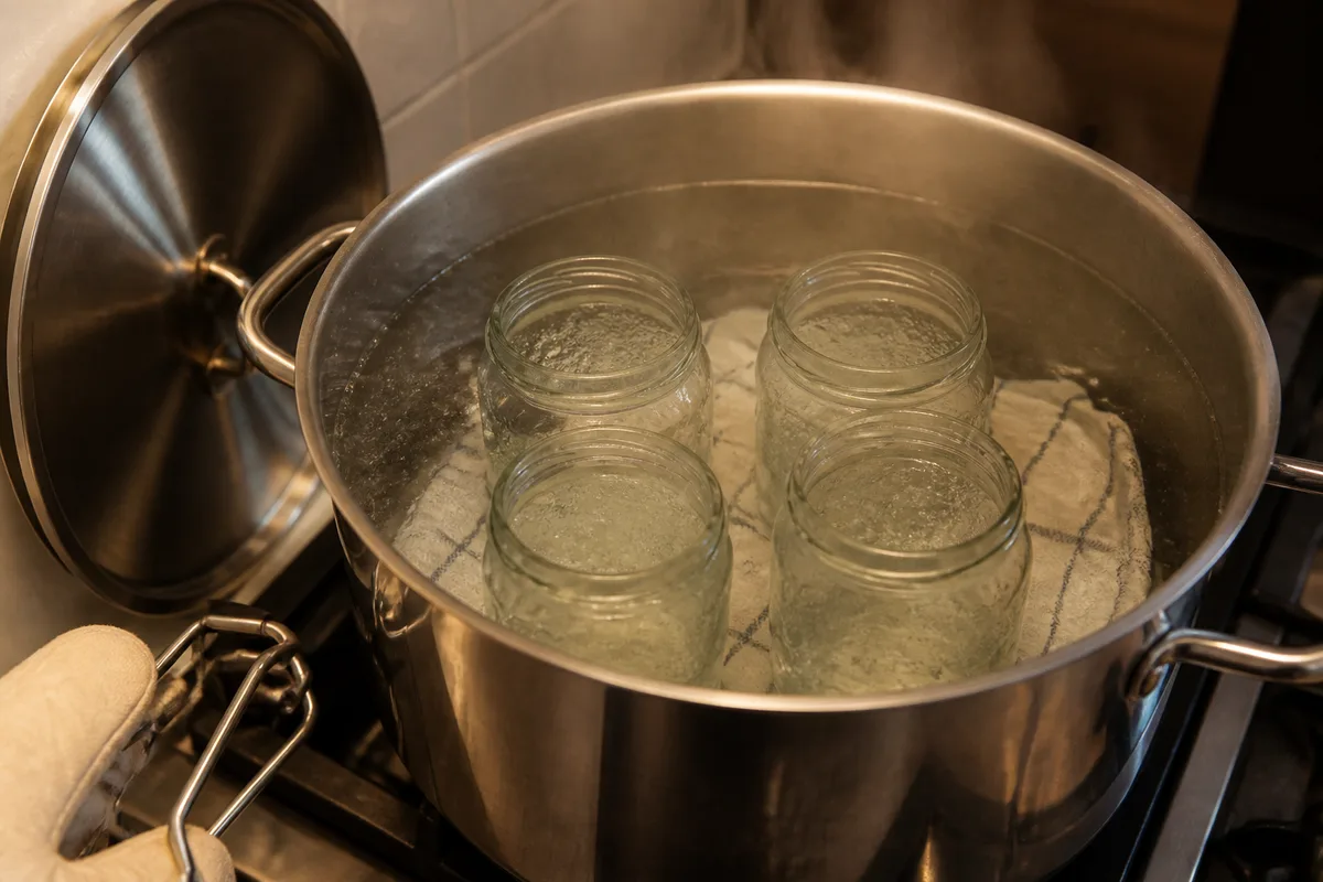Grande marmite en inox sur une cuisinière, bocaux immergés dans l’eau frémissante, vapeur légère et torchon posé à côté